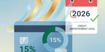 Graphic illustrating 15% credit utilization leading to improved credit score by 2026