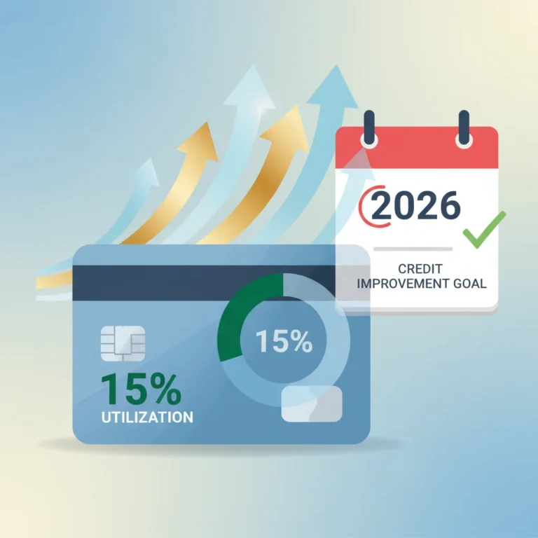 Graphic illustrating 15% credit utilization leading to improved credit score by 2026