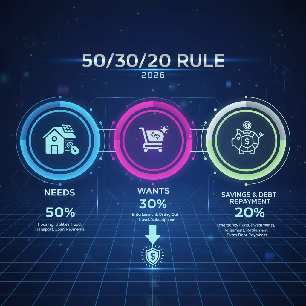 Infographic explaining the 50/30/20 rule's needs, wants, and savings categories for financial budgeting.