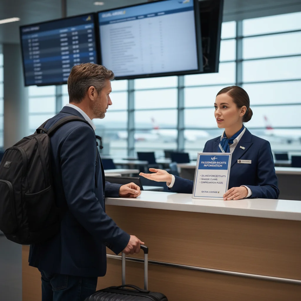 Airline representative explaining new compensation rules to a passenger at a service desk.