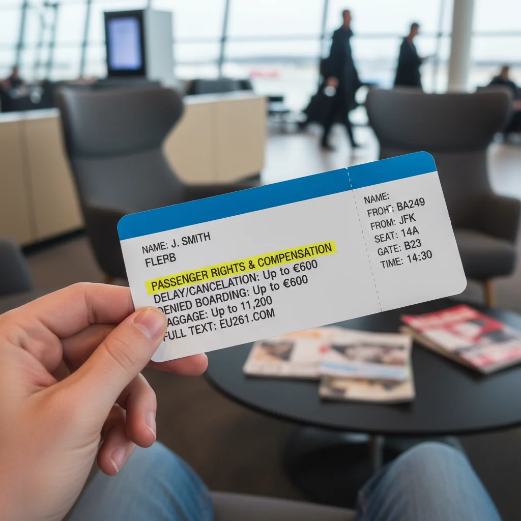 Airline ticket with highlighted passenger rights section, emphasizing new consumer protections for travelers.