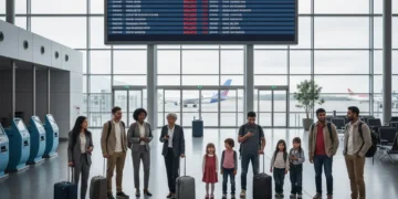 Passengers reviewing delayed flight information at a modern airport terminal in 2026, highlighting new consumer protections.
