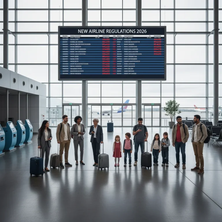 Passengers reviewing delayed flight information at a modern airport terminal in 2026, highlighting new consumer protections.