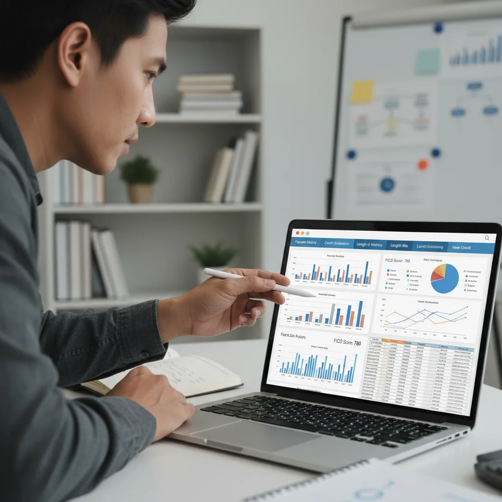 Individual analyzing a credit report on a laptop, focusing on detailed financial information and credit factors.