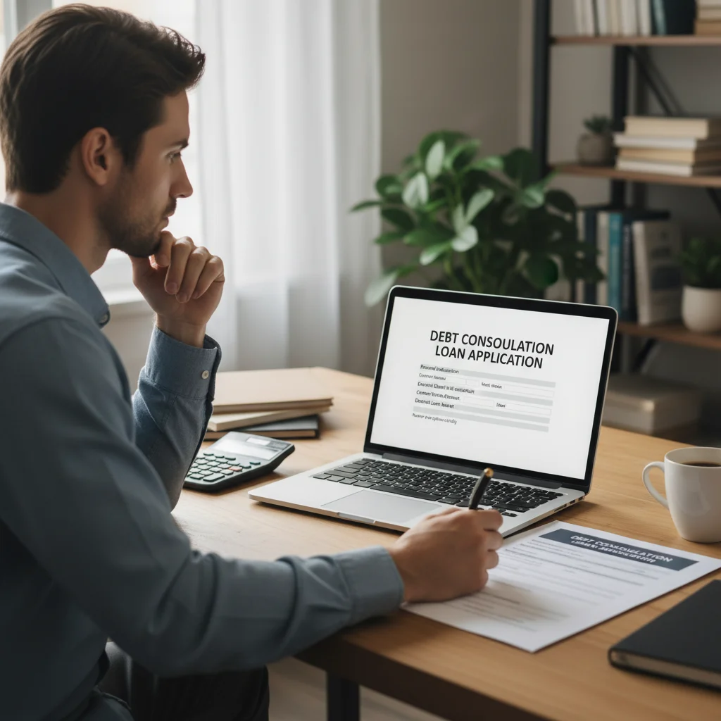 Person applying for a debt consolidation loan, showing careful financial consideration.