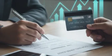 Hands signing documents and holding a credit card, representing authorized user vs co-signer decisions.