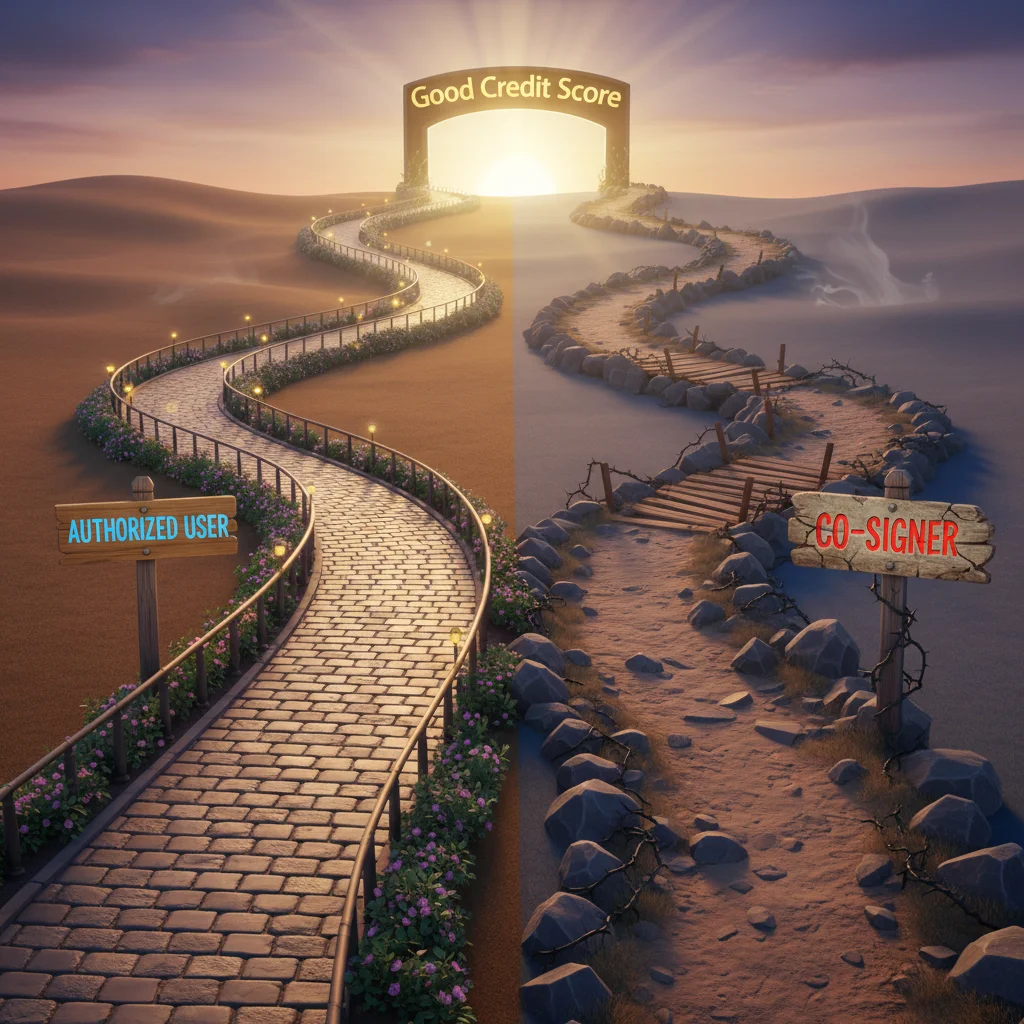 Diverging paths illustrating the different risks and benefits of authorized user versus co-signer roles.