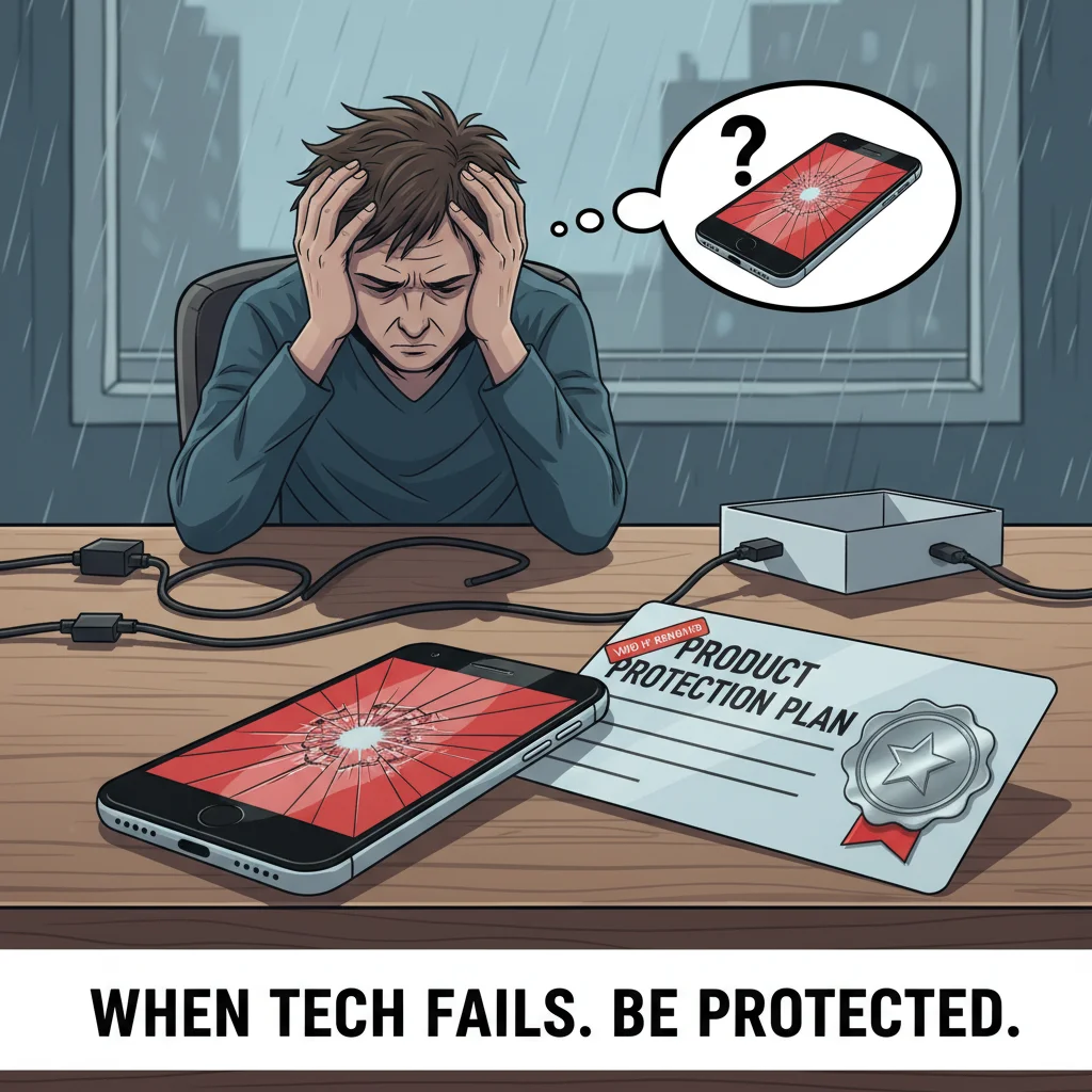 Broken product with warranty card, symbolizing product failure and warranty claims