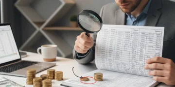 Person examining budget to find spending leaks and save money.