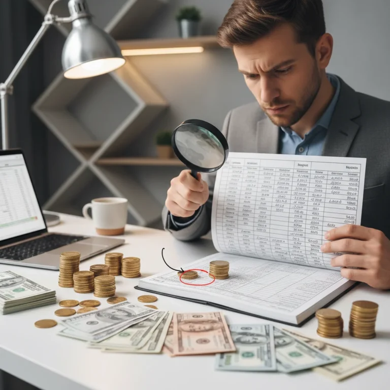 Person examining budget to find spending leaks and save money.