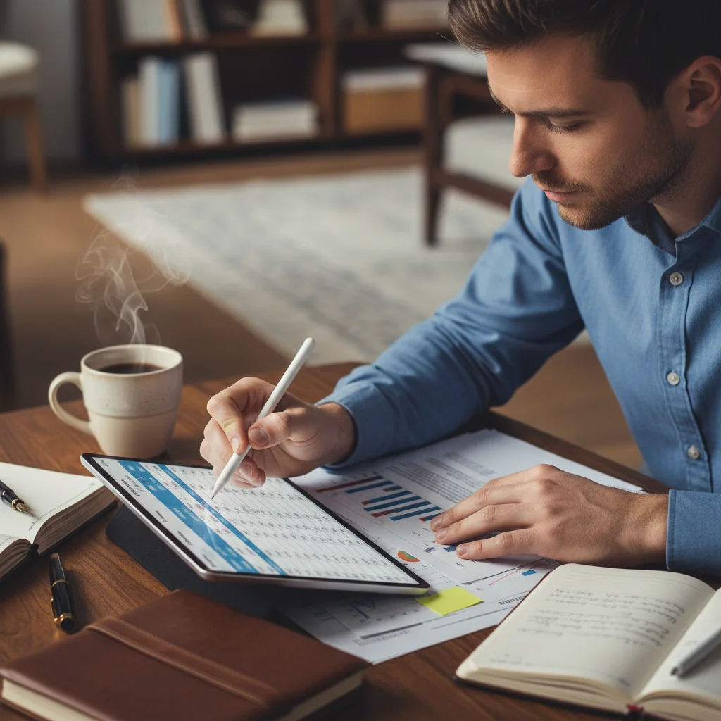 Person reviewing budget on tablet for spending freeze preparation.
