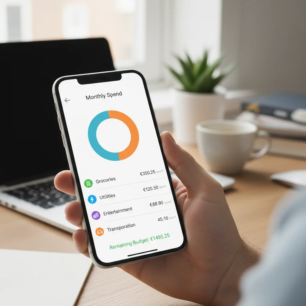 Hand holding smartphone displaying a budgeting app with expense categories and real-time updates.