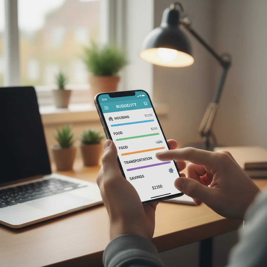 Hands tracking expenses with a budgeting app, demonstrating flexible spending.