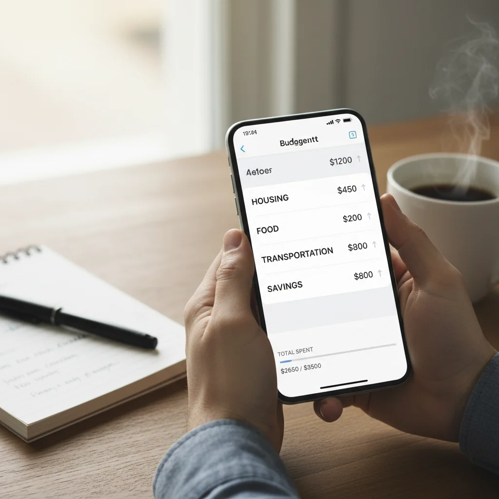 Hands holding smartphone with budgeting app showing updated categories