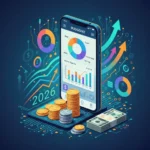 Budgeting Apps 2026: Top US Tools for Spending Optimization Digital illustration of a smartphone with a budgeting app, financial charts, and organized money, representing future financial planning.