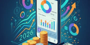 Budgeting Apps 2026: Top US Tools for Spending Optimization Digital illustration of a smartphone with a budgeting app, financial charts, and organized money, representing future financial planning.