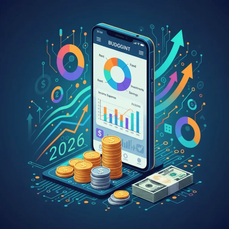 Digital illustration of a smartphone with a budgeting app, financial charts, and organized money, representing future financial planning.