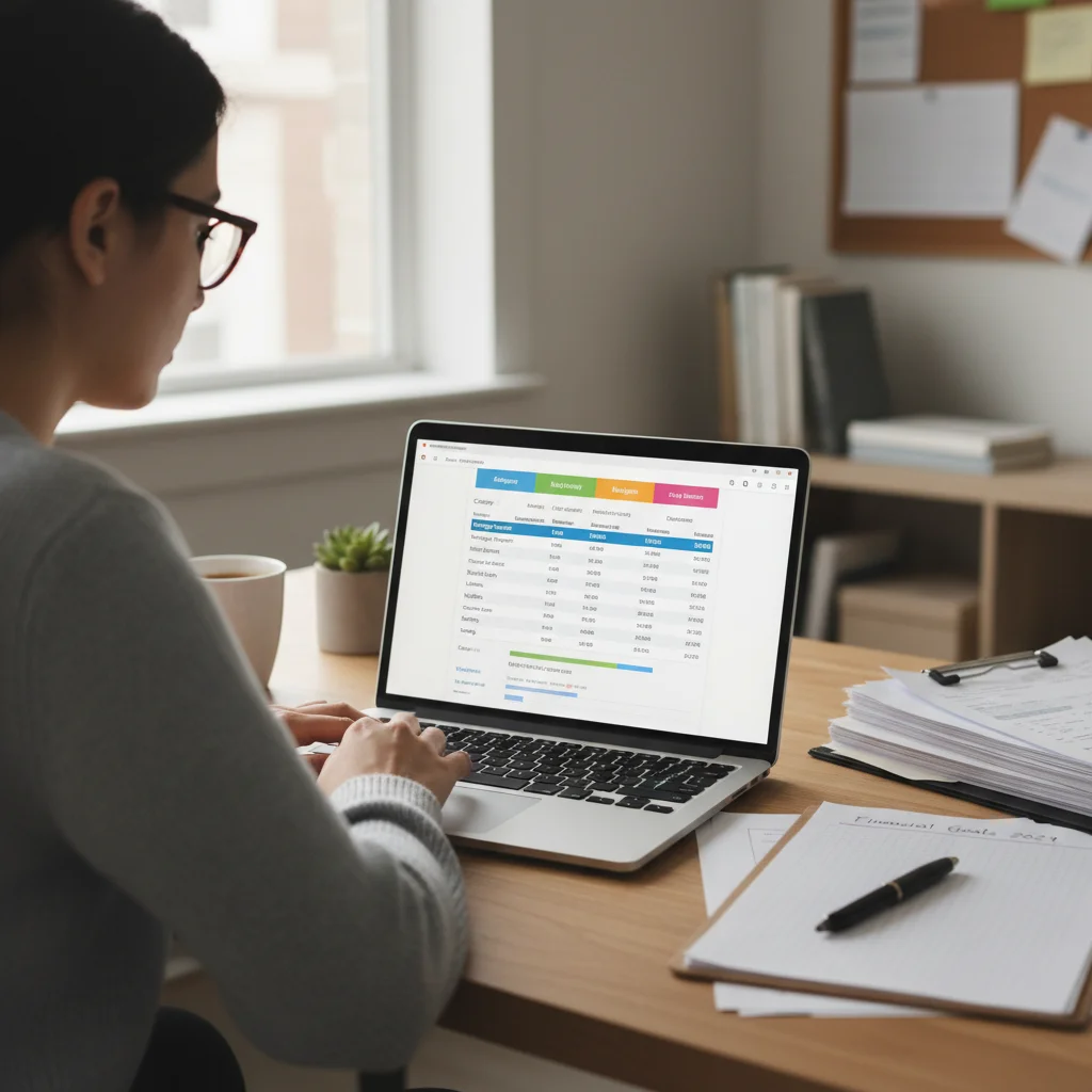 Person creating a detailed budget and debt payment plan on a laptop.