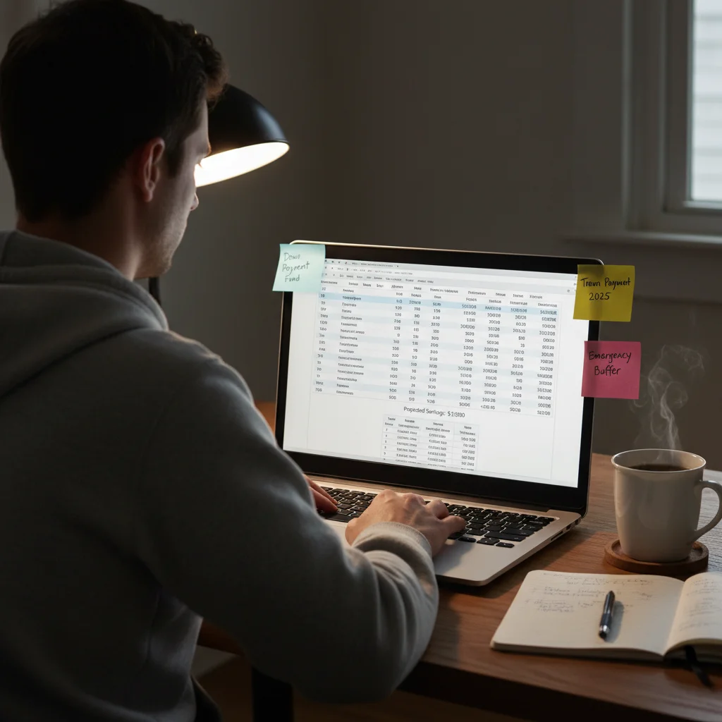 Individual meticulously planning budget and financial goals on a laptop.