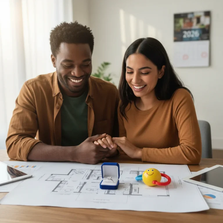 Couple planning future life events including wedding, home, and baby, symbolizing budgeting for major life events.