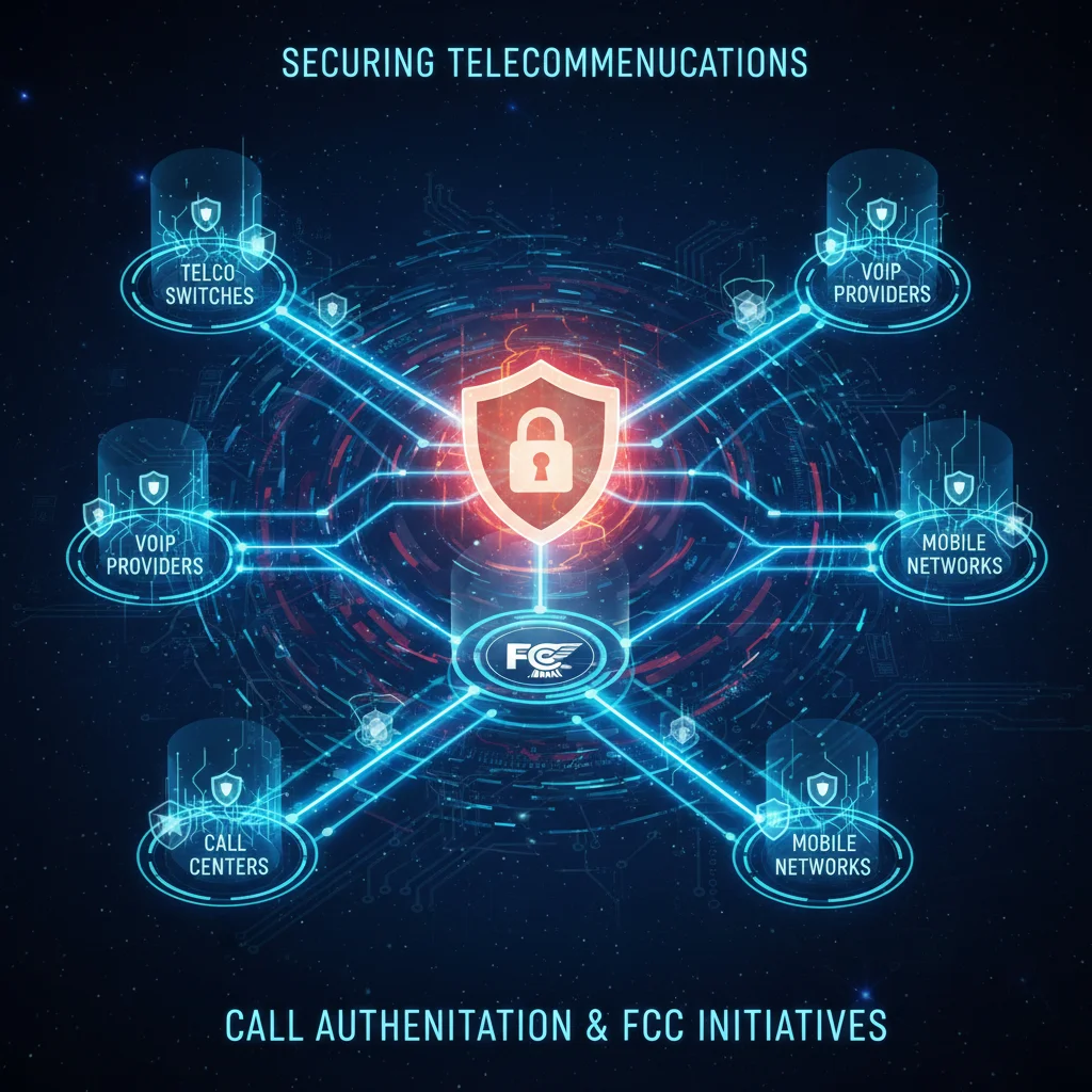 Secure telecommunications network infrastructure with data flow, representing call authentication.