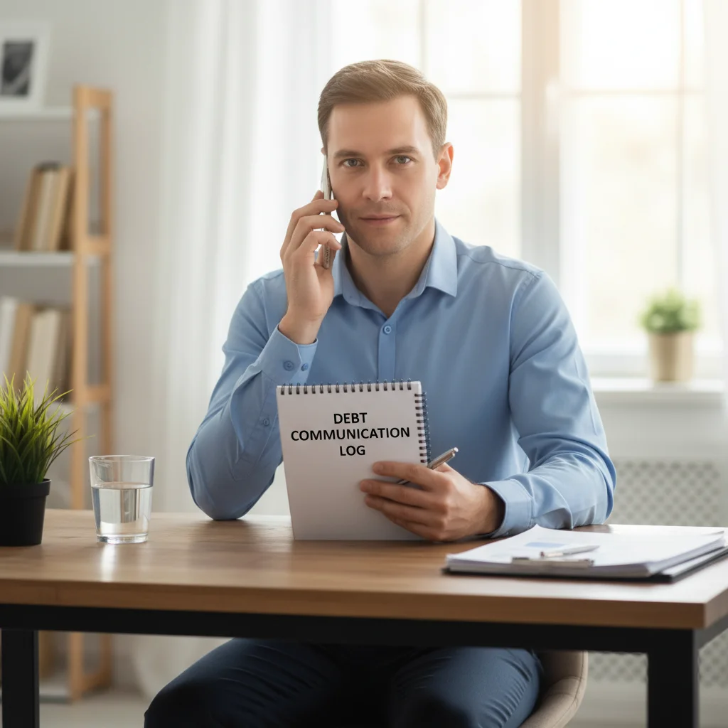 Person calmly communicating on phone with notebook for debt collector interaction