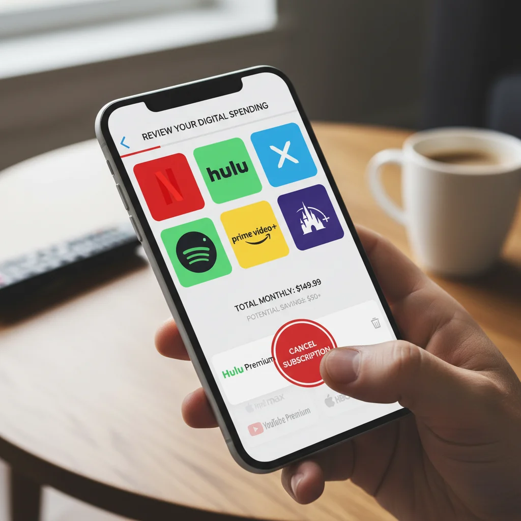 Reviewing and canceling digital subscriptions on a smartphone.