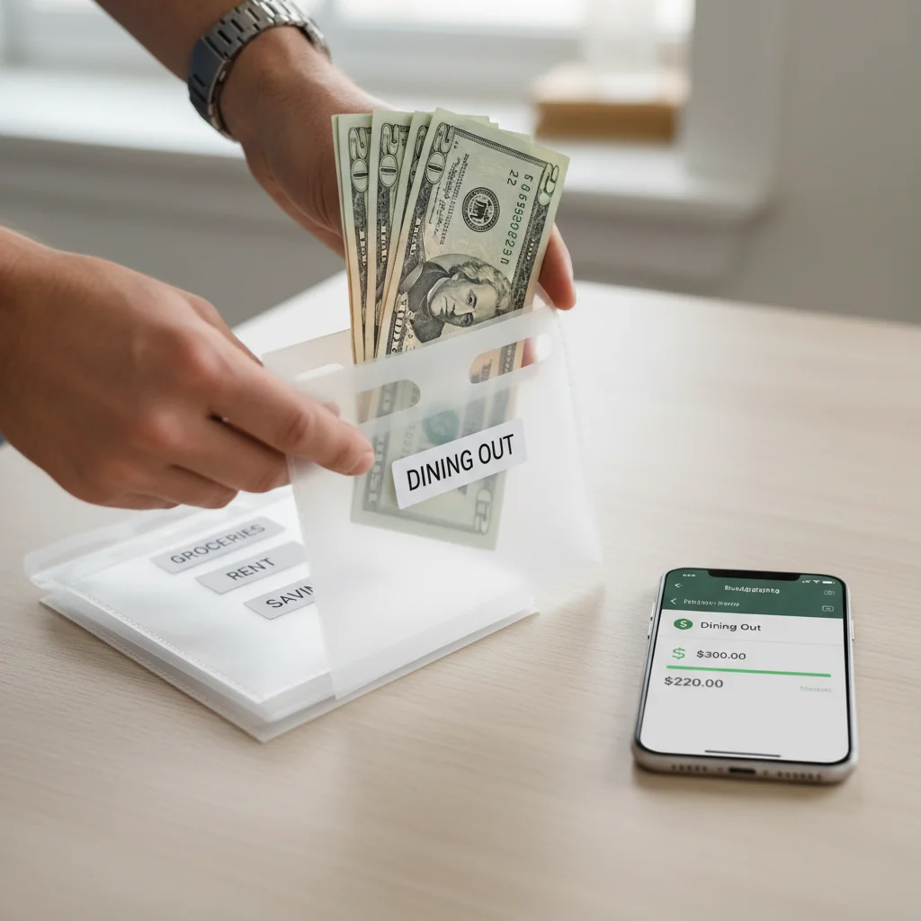 Hands placing US dollars into a 'Dining Out' envelope, with a budgeting app visible on a smartphone.