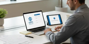Person filing a consumer complaint with CFPB on a laptop, documents nearby.