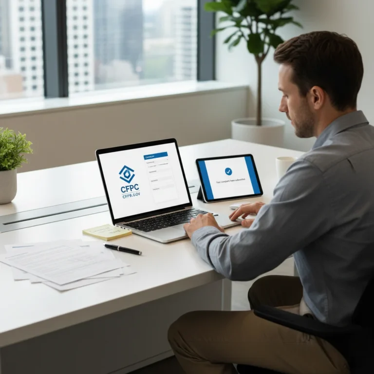 Person filing a consumer complaint with CFPB on a laptop, documents nearby.