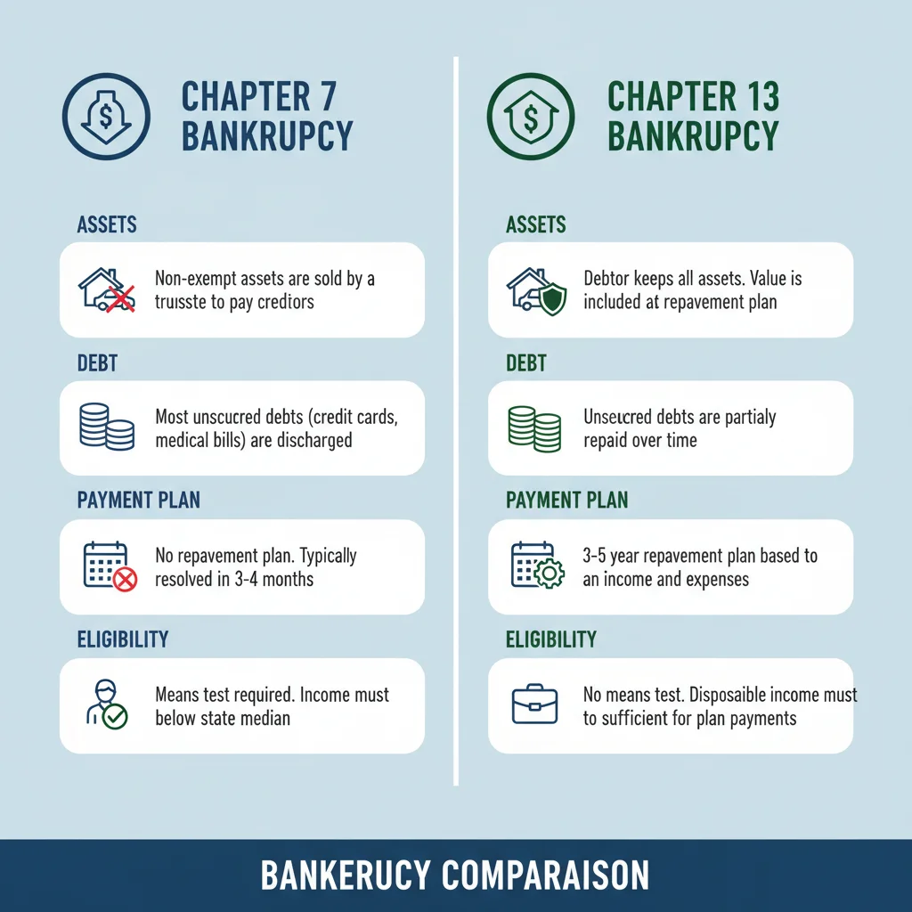 Infographic comparing Chapter 7 and Chapter 13 bankruptcy features