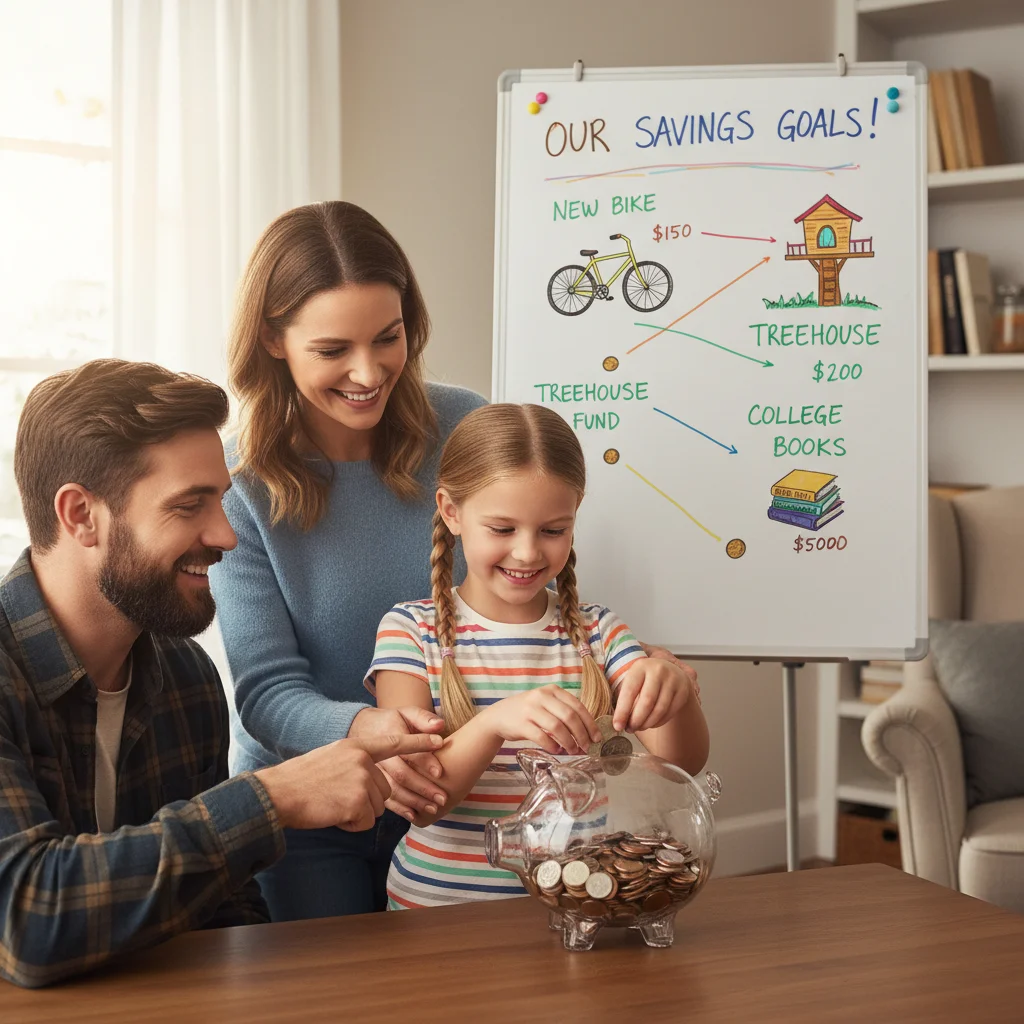 Child learning to save money with piggy bank and parents