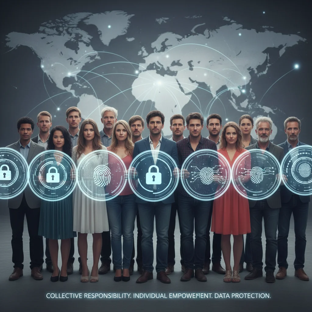 Diverse group with digital privacy shields, representing collective data protection.