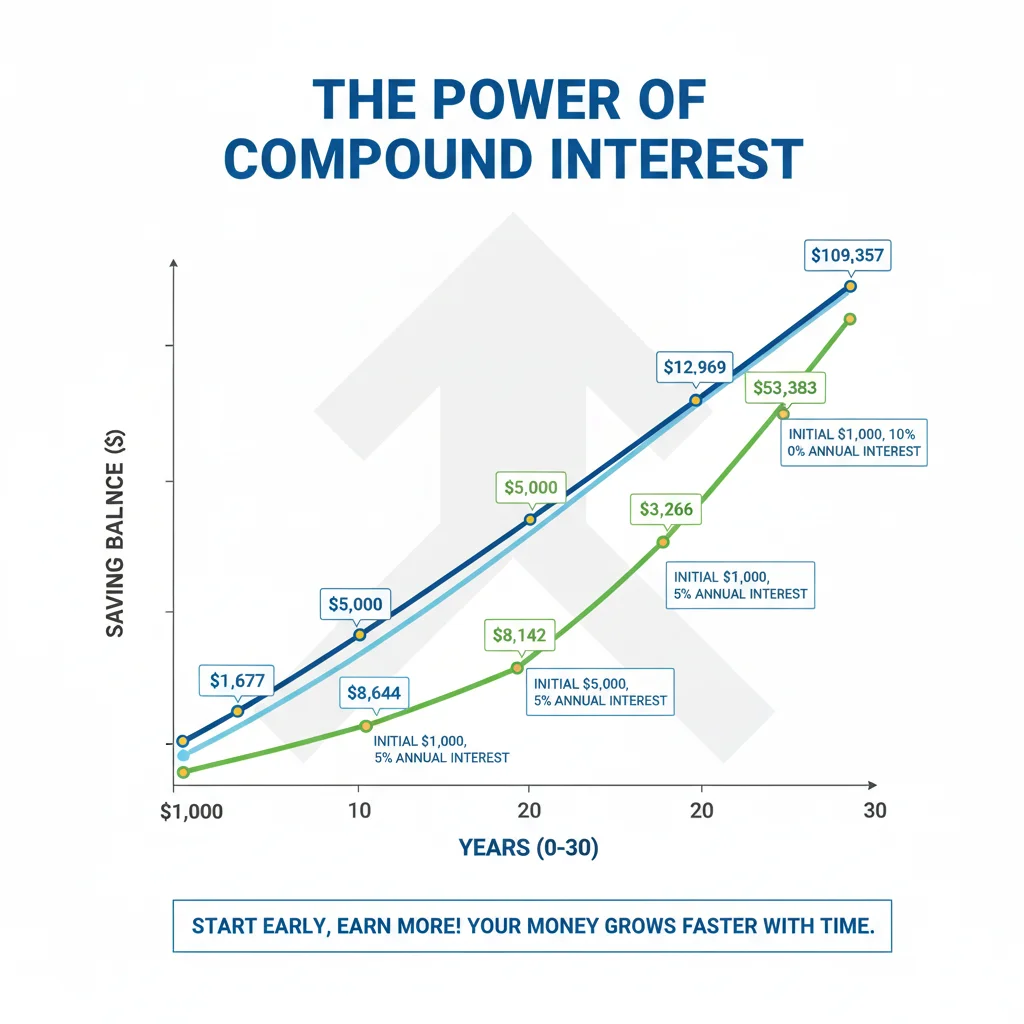 Infographic showing exponential growth of savings through compound interest.