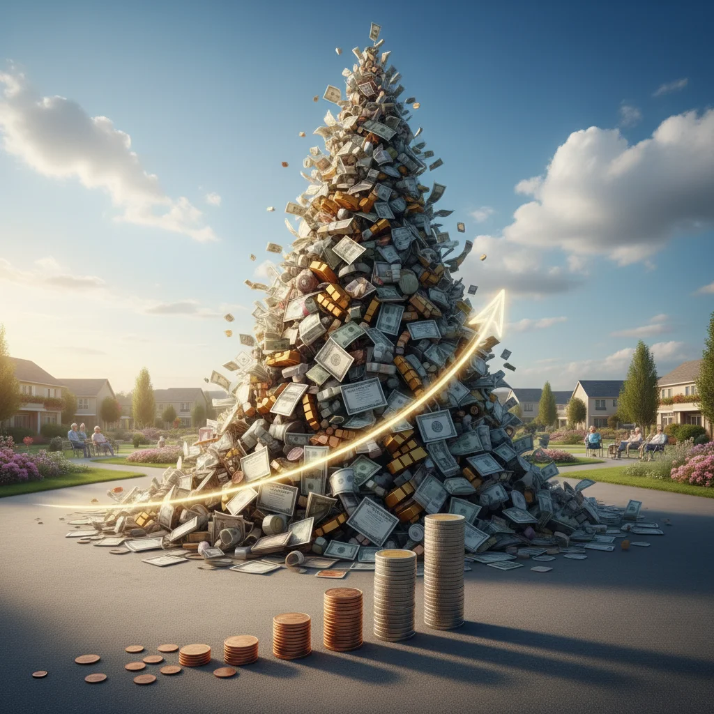 Compound interest growth with coins and retirement home in background