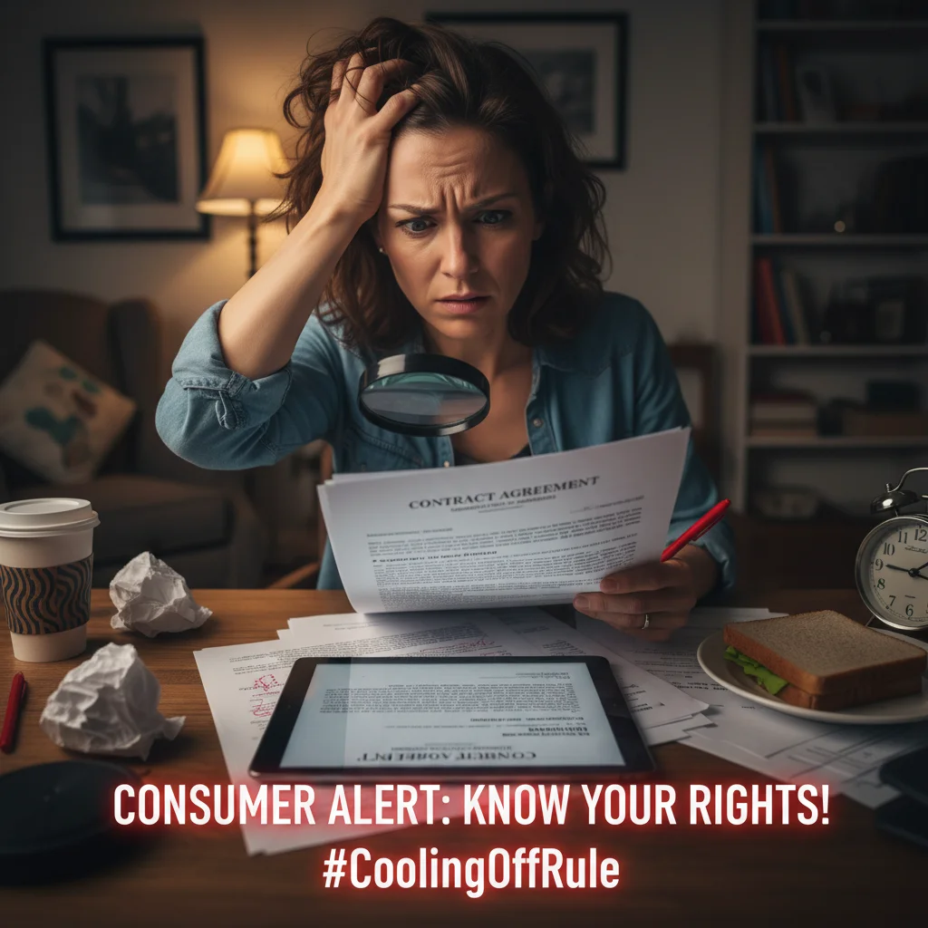 Confused consumer reviewing a complex contract, emphasizing cooling-off period