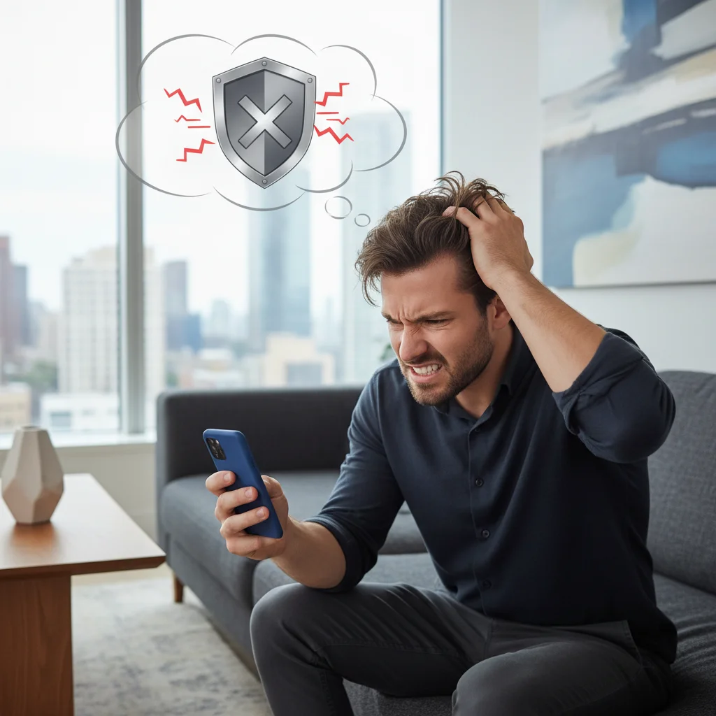 Frustrated person holding phone with a shield icon, seeking protection from robocalls.