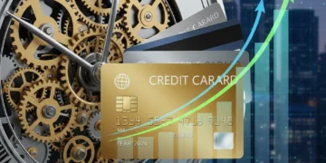 Clock with credit cards and rising graph symbolizing credit age growth in 2026