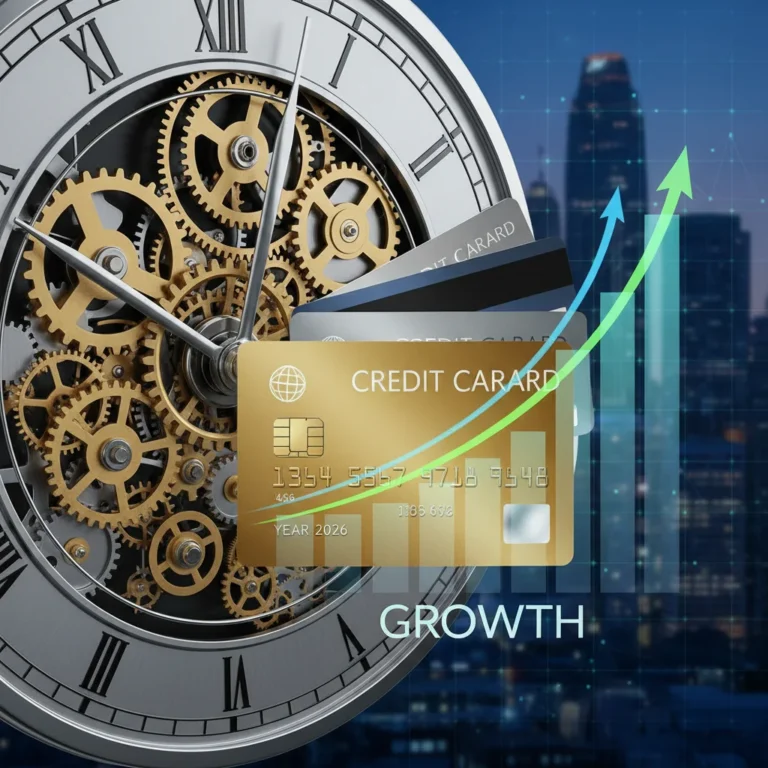 Clock with credit cards and rising graph symbolizing credit age growth in 2026