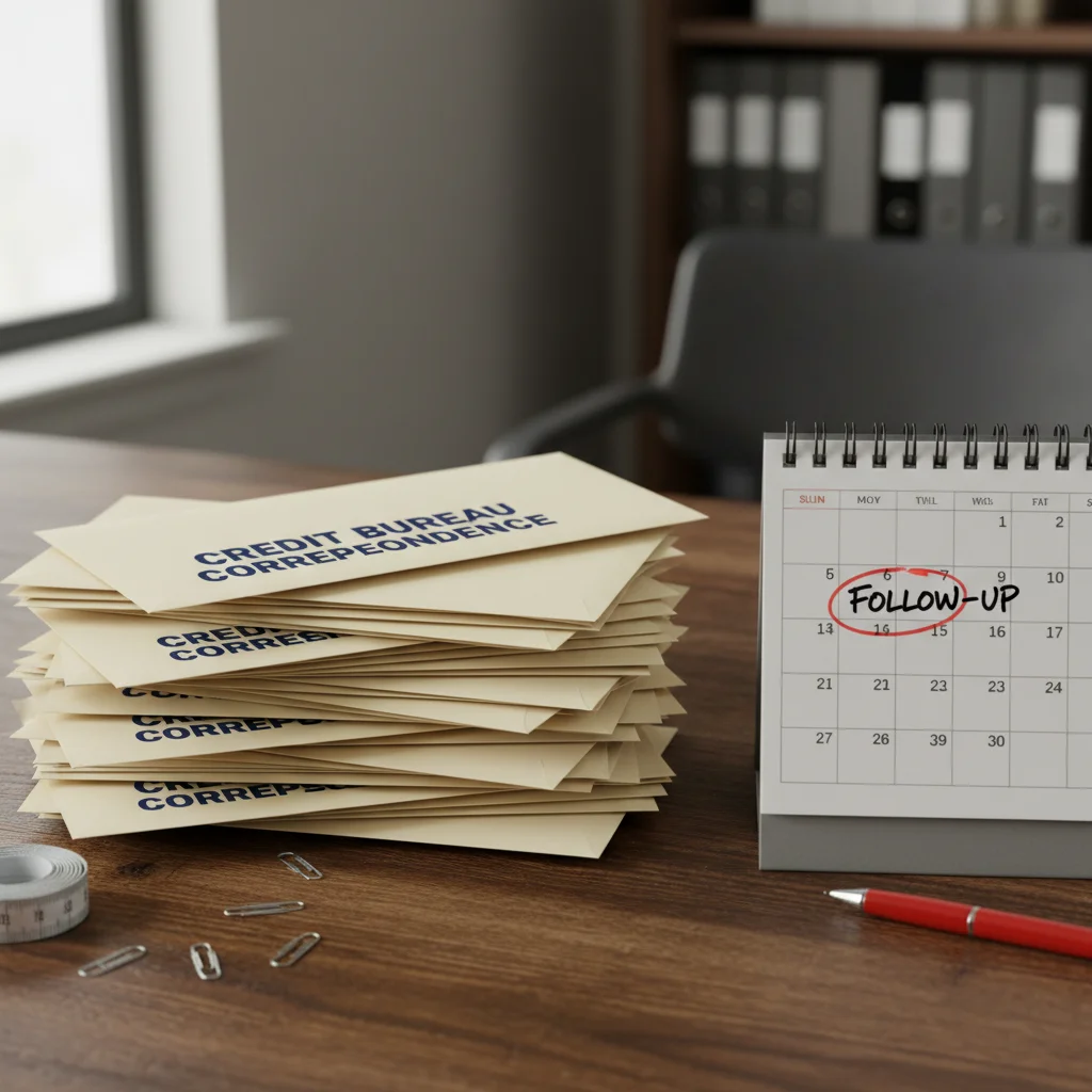 Official credit bureau correspondence envelopes and calendar, showing dispute follow-up.