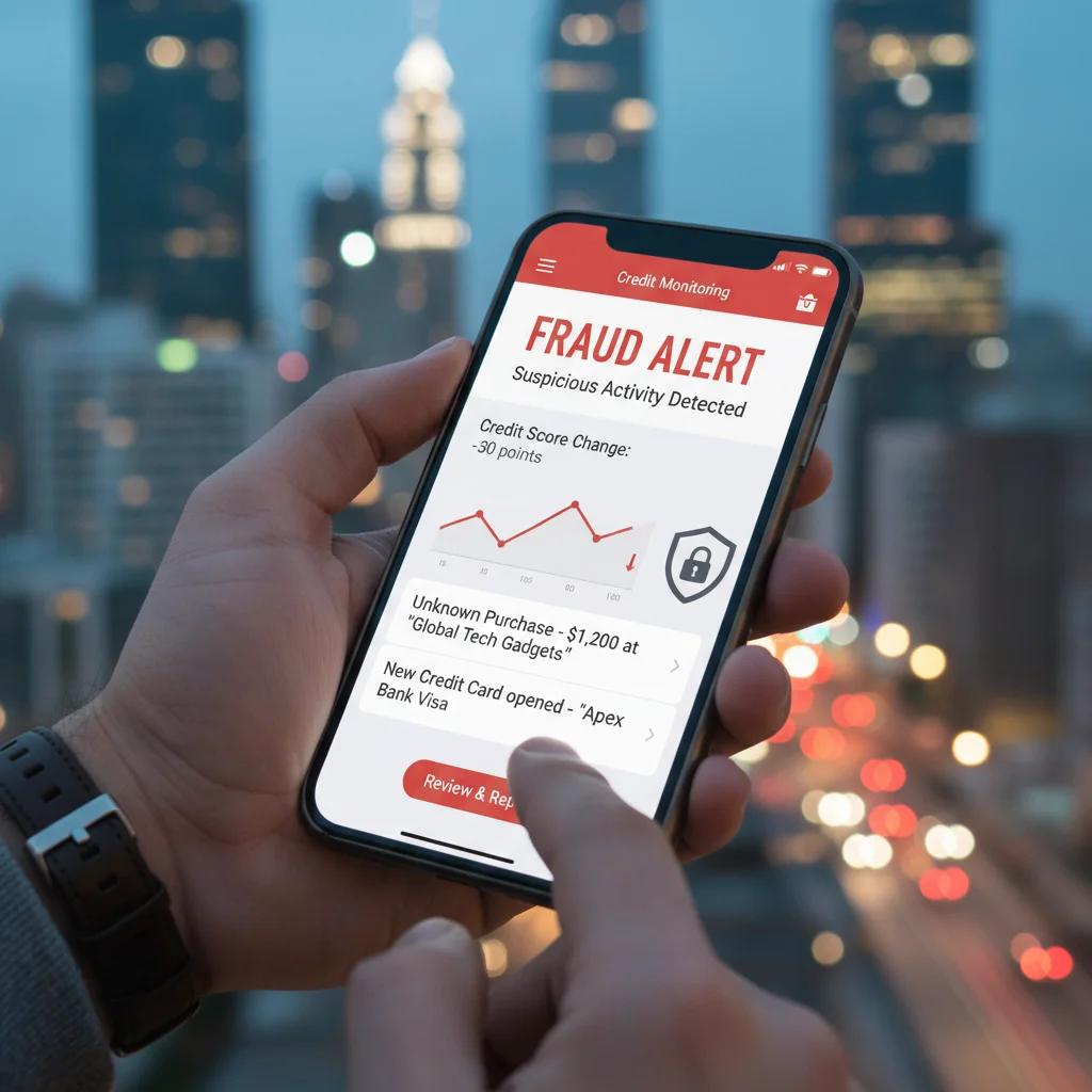 Smartphone displaying credit monitoring alerts and suspicious activity