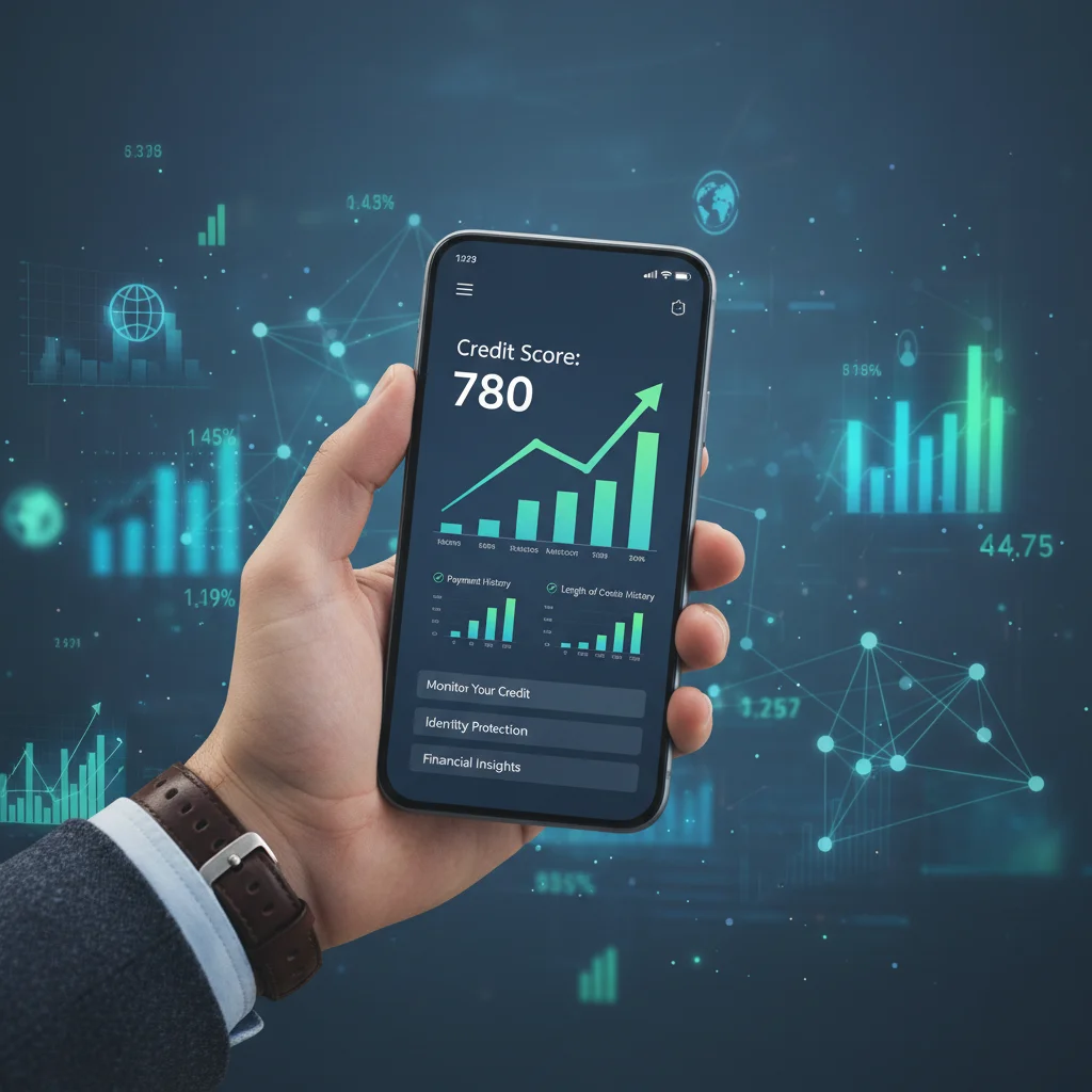 Smartphone displaying credit monitoring app with financial charts