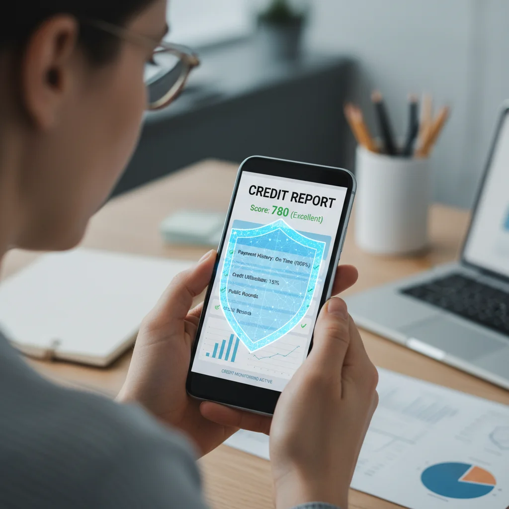 Person monitoring credit report on smartphone