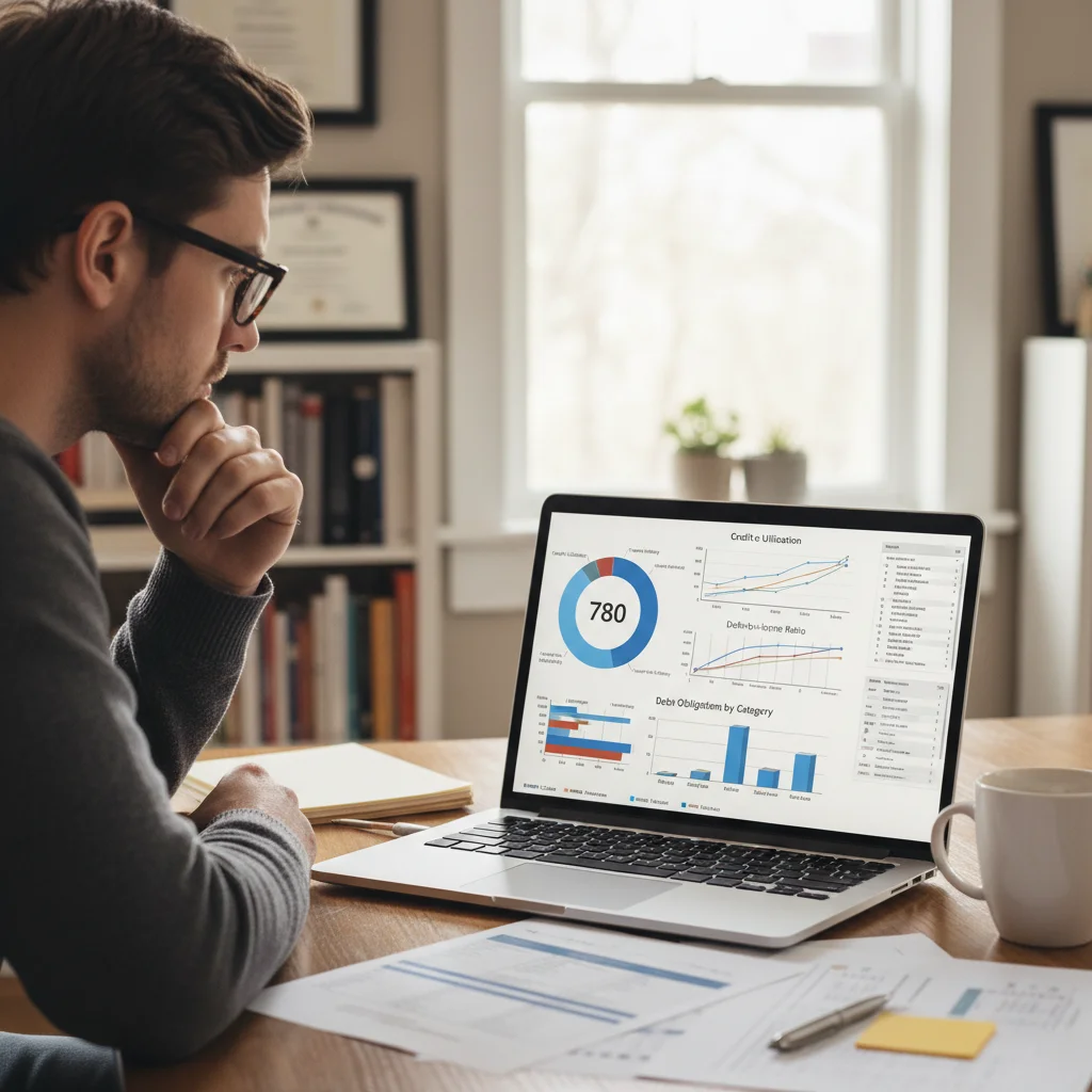 Person analyzing credit report and financial data on a laptop.