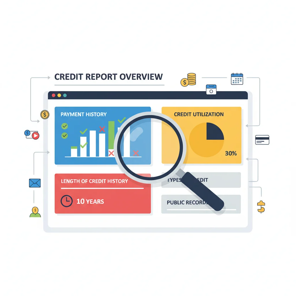 Detailed credit report showing key factors like payment history and credit utilization.