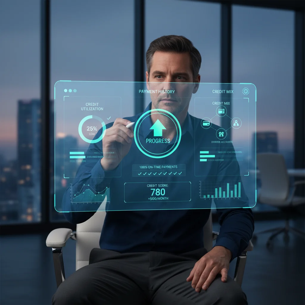 Digital credit dashboard showing positive credit score metrics