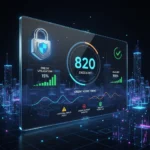 Digital credit score dashboard with security padlock and 2026 overlay, representing credit monitoring.