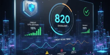 Digital credit score dashboard with security padlock and 2026 overlay, representing credit monitoring.