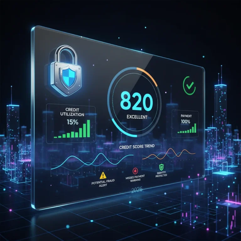 Digital credit score dashboard with security padlock and 2026 overlay, representing credit monitoring.