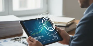 Person analyzing credit score simulations on a tablet for future financial planning.